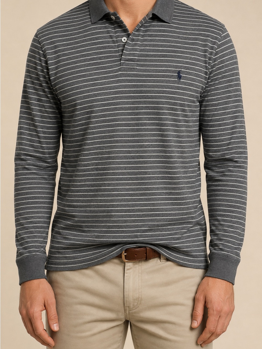 Polo by Ralph Lauren Pima Cotton Striped Polo Heather Gray White Mens Large Prep
